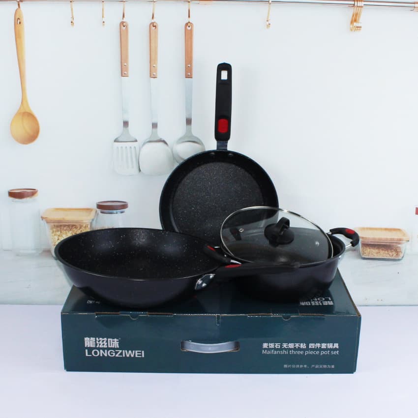 Medical stone iron pot three-piece set, non-stick pot set, gas induction cooker, universal wok combination gift 3
