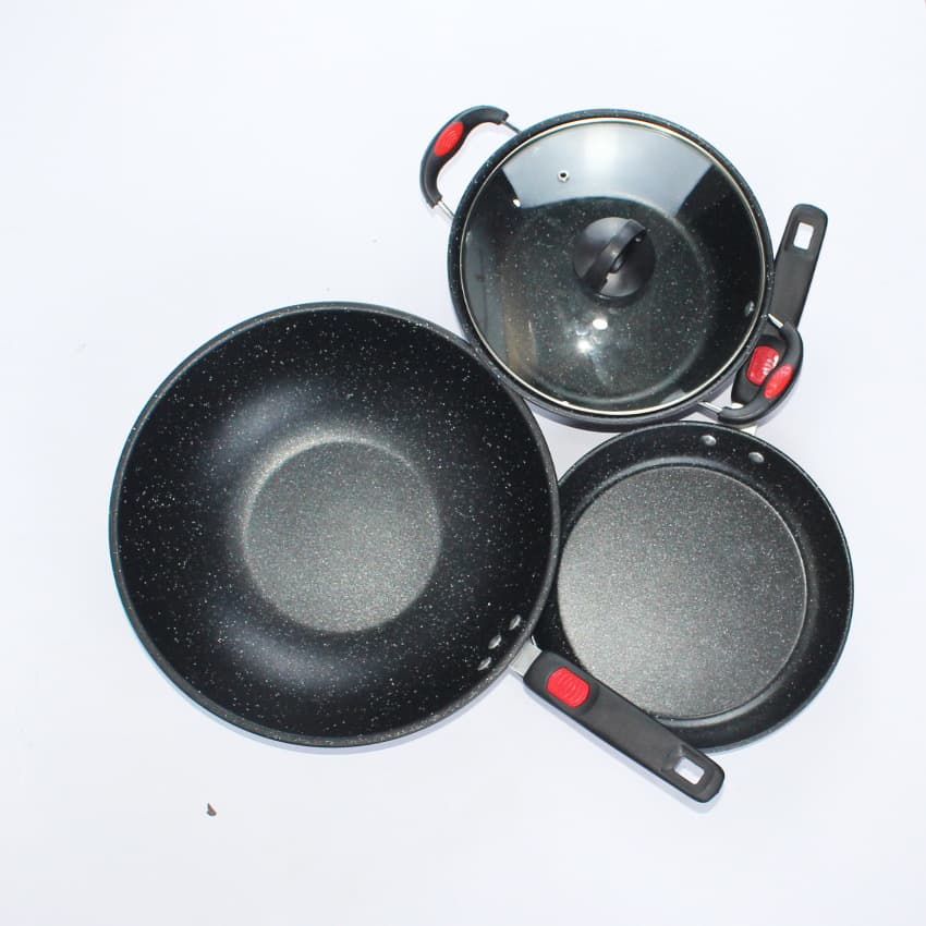 Medical stone iron pot three-piece set, non-stick pot set, gas induction cooker, universal wok combination gift 6