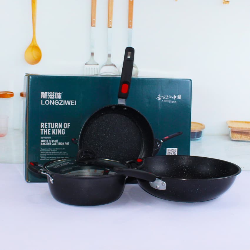 Medical stone iron pot three-piece set, non-stick pot set, gas induction cooker, universal wok combination gift 7