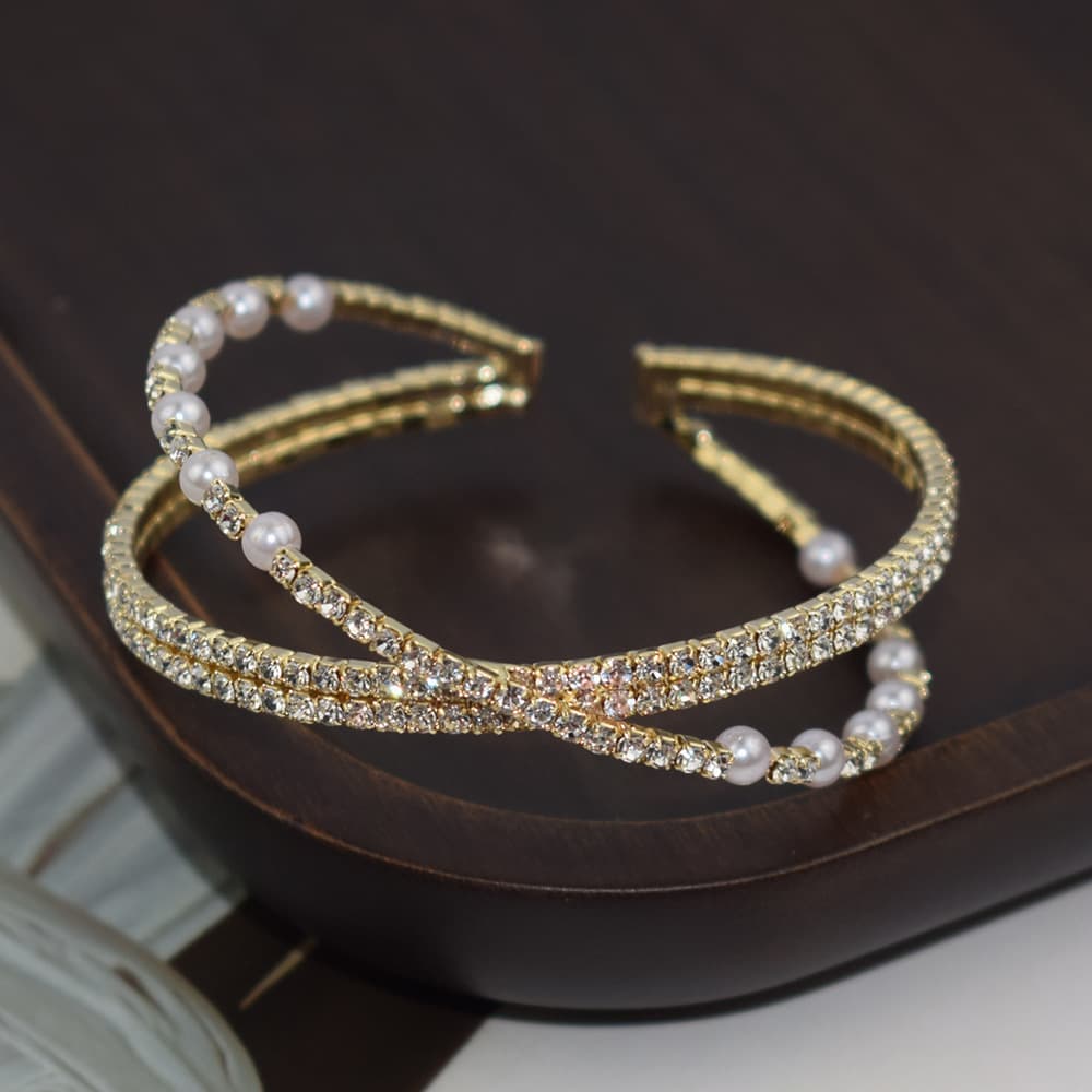 Pearl rhinestone zircon cross open bracelet simple diamond bracelet for women new light luxury French niche 1185 7