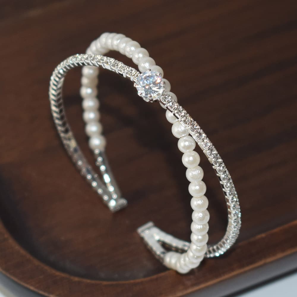 Pearl rhinestone zircon cross open bracelet simple diamond bracelet for women new light luxury French niche 1185 1