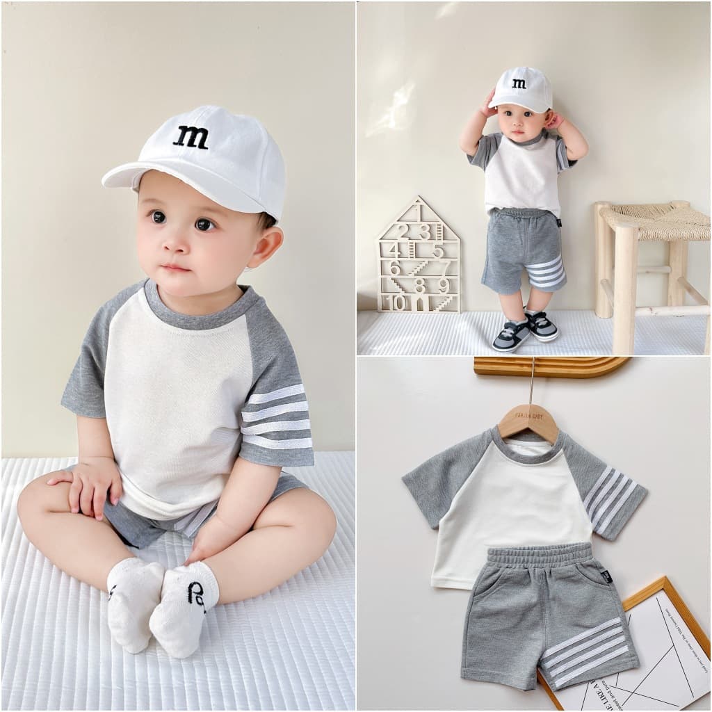 ins children's suit Korean style four-bar summer raglan sleeve short-sleeved top men's and women's baby shorts go out to match the trendy colors 1