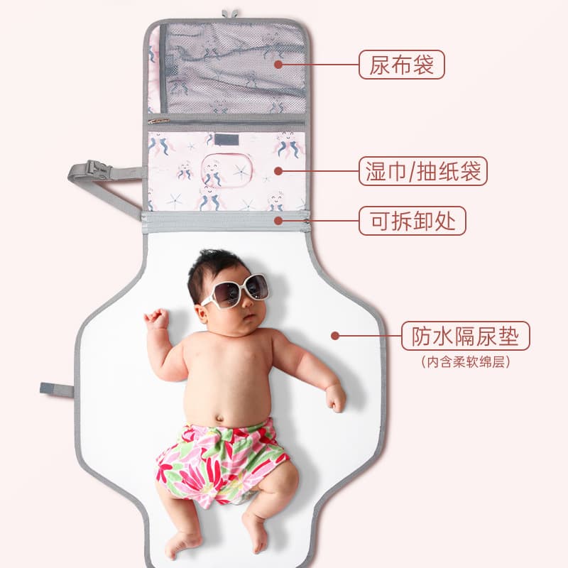 Baby portable diaper changing pad, out-and-out mother and baby bag diaper pad, baby folding storage bag, waterproof and leak-proof 5