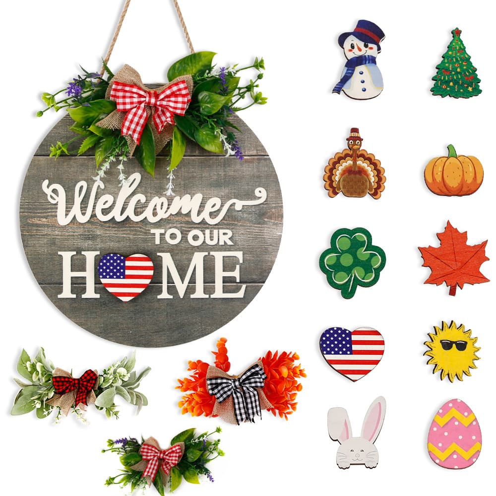Round Wooden Hanging Sign Holiday Party Decoration DIY Replaceable Pattern Wooden Sign Seasonal Sign Welcome Door Sign 2