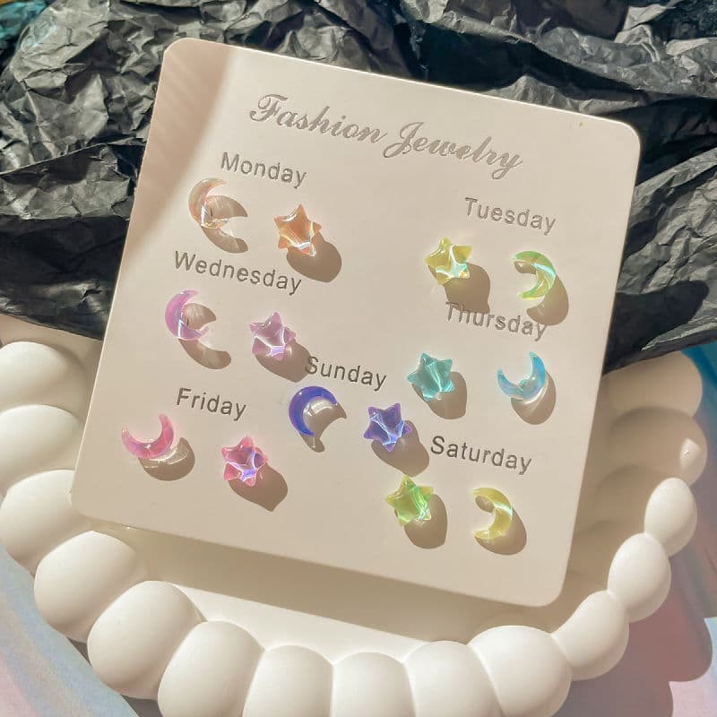 Dreamy colorful stars accompanied by the moon, fresh small earring set, fairy girl earrings, small, clear, super flash, and pierced ears 7
