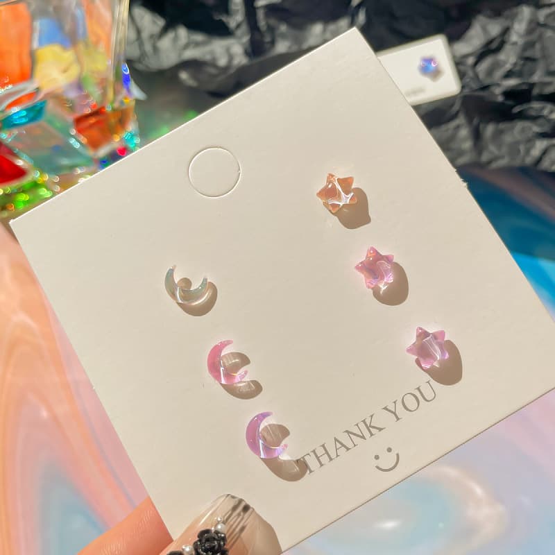 Dreamy colorful stars accompanied by the moon, fresh small earring set, fairy girl earrings, small, clear, super flash, and pierced ears 8