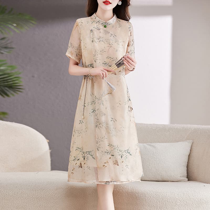 2025 Summer New Style Temperament Disc Button Stand Collar Fashion Retro Improved Cheongsam Print Slim Fit Dress 5