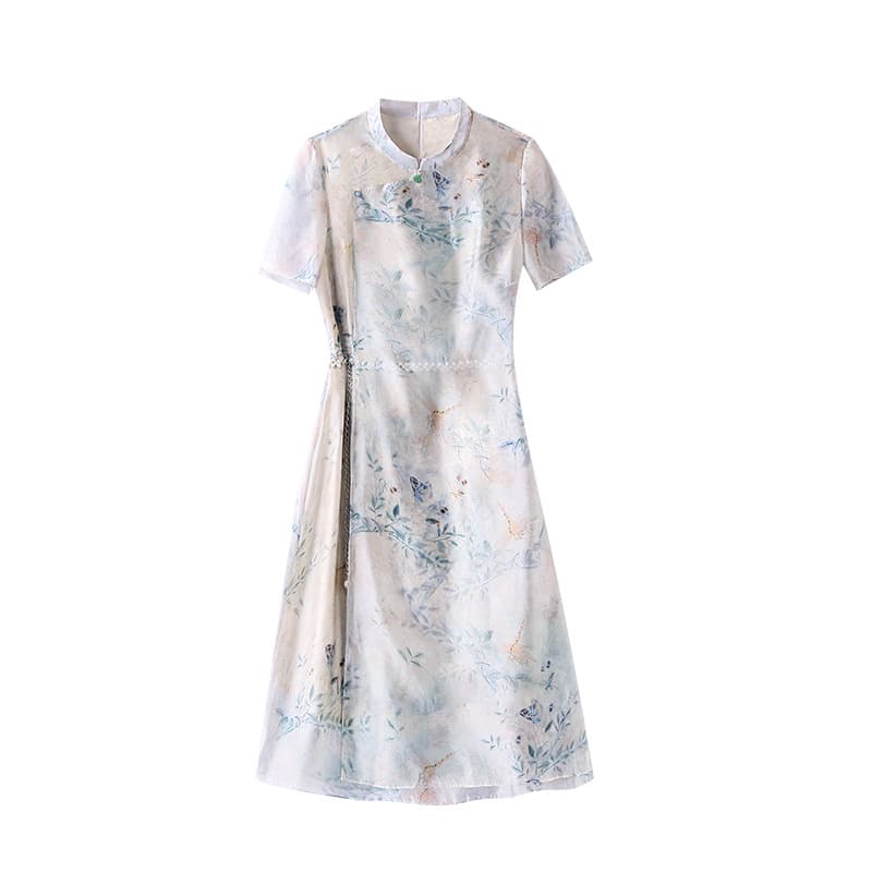 2025 Summer New Style Temperament Disc Button Stand Collar Fashion Retro Improved Cheongsam Print Slim Fit Dress 6