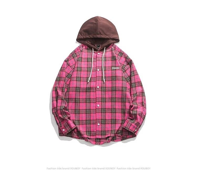 American retro plaid hooded shirt men's spring and autumn trendy high street long-sleeved lining work jacket oversize niche 3