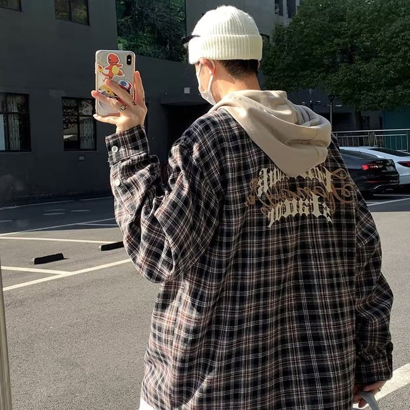 American retro plaid hooded shirt men's spring and autumn trendy high street long-sleeved lining work jacket oversize niche 4