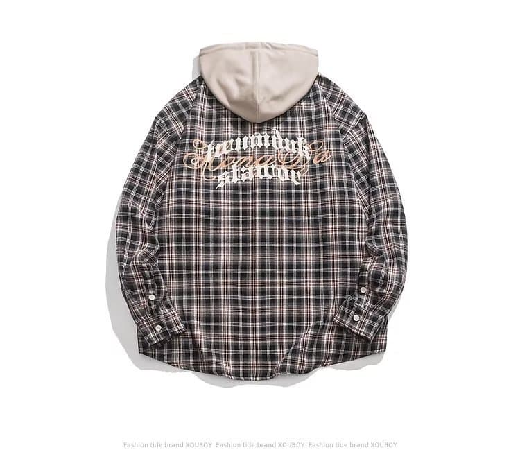 American retro plaid hooded shirt men's spring and autumn trendy high street long-sleeved lining work jacket oversize niche 6