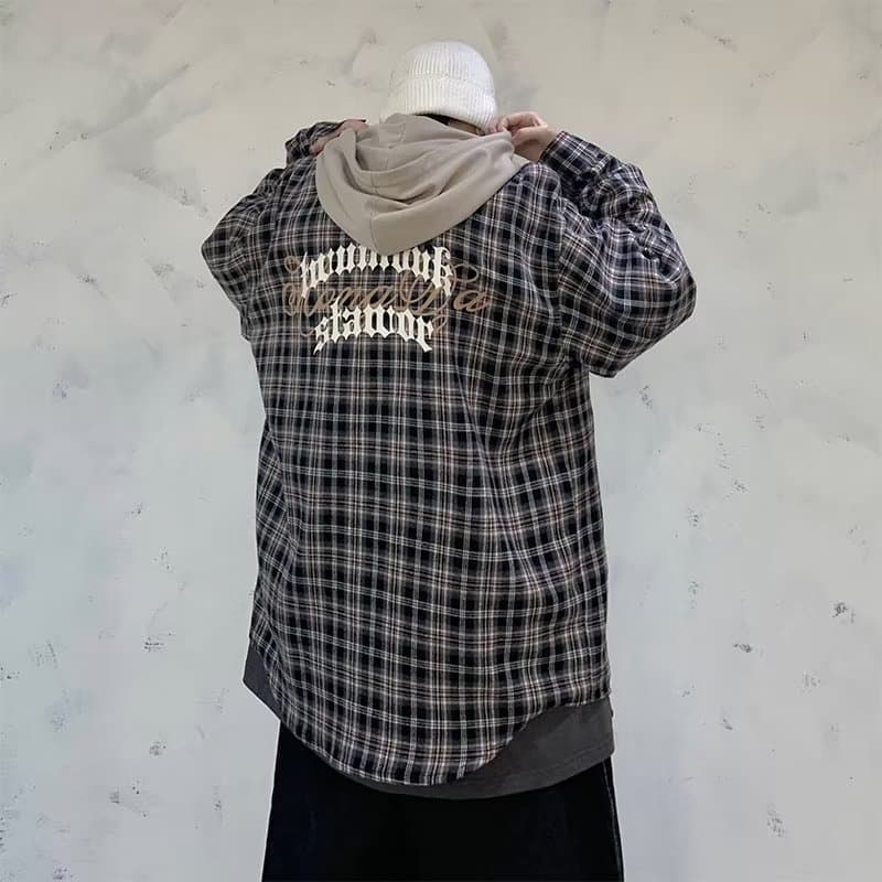 American retro plaid hooded shirt men's spring and autumn trendy high street long-sleeved lining work jacket oversize niche 7