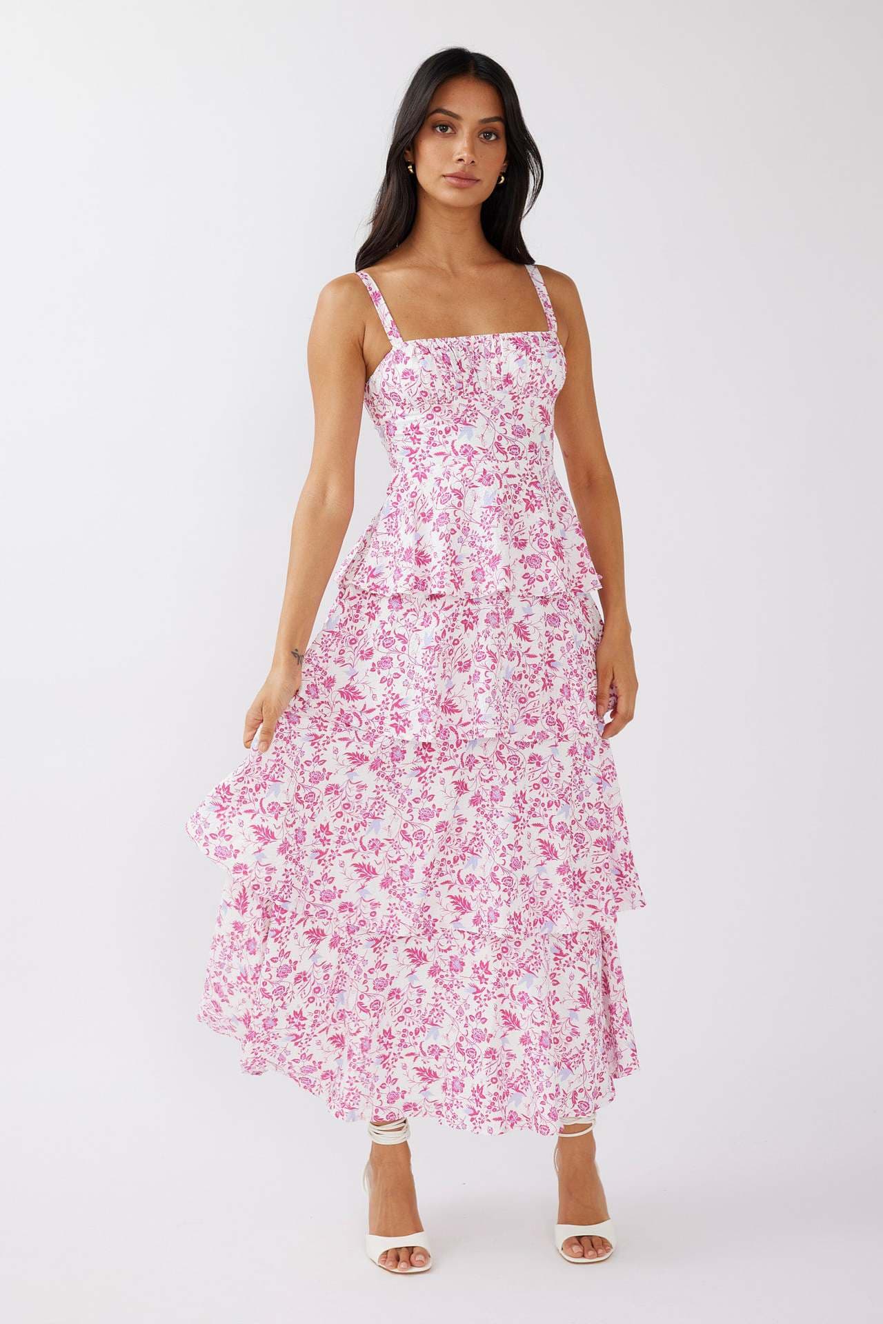 European and American 2025 new spring and summer bow floral dress holiday party temperament printed dress 7