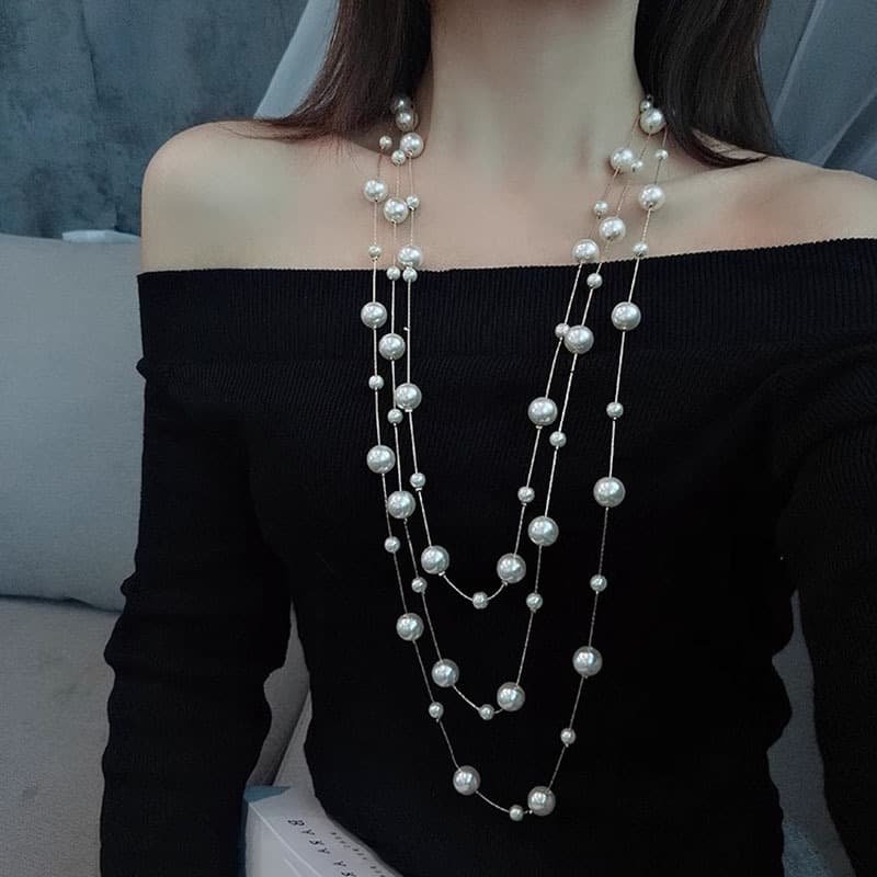 Korean Fashion Long Pearl Necklace Feminine Light Luxurious High-end Sweater Chain Versatile Autumn and Winter Necklace Wholesale 2