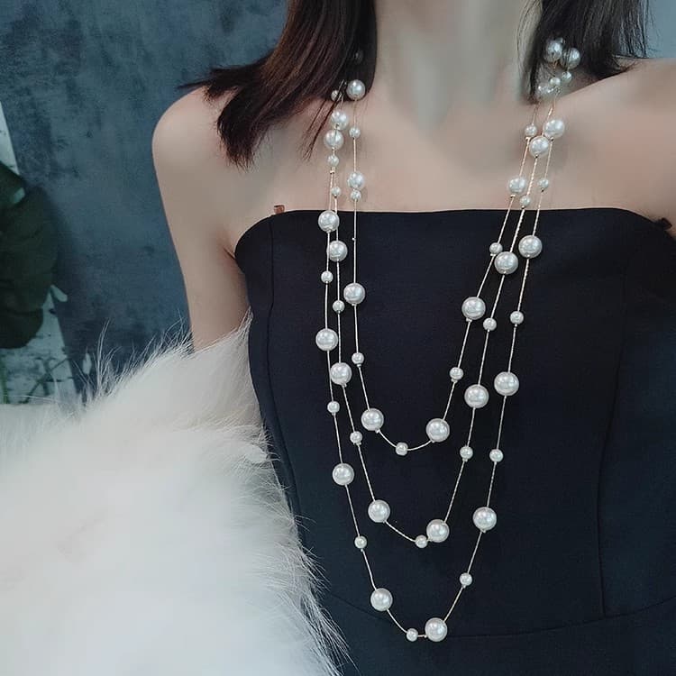 Korean Fashion Long Pearl Necklace Feminine Light Luxurious High-end Sweater Chain Versatile Autumn and Winter Necklace Wholesale 7