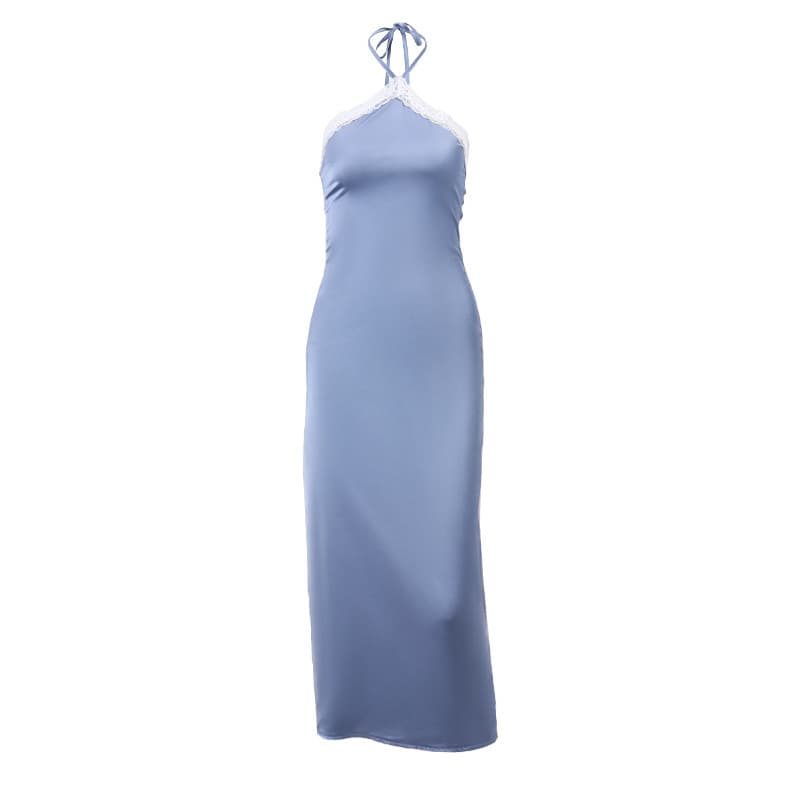 European and American fashion spring new sexy socialite satin pleated stitching lace halterneck dress 6
