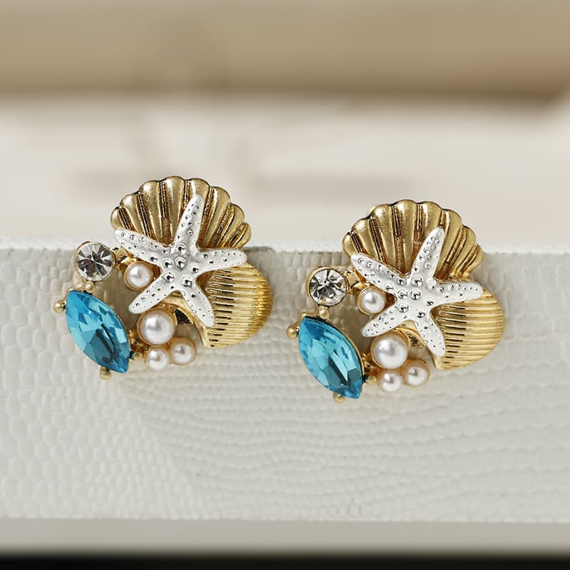 The new versatile glass gemstone starfish earrings shell pearl ocean treasure earrings are suitable for daily wear by women. 3
