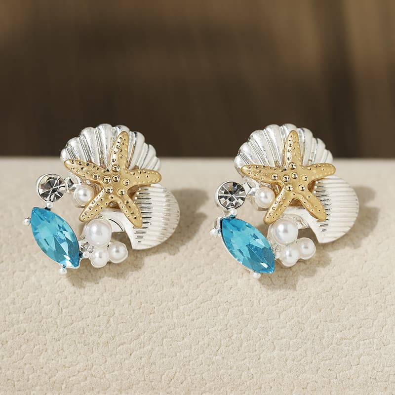 The new versatile glass gemstone starfish earrings shell pearl ocean treasure earrings are suitable for daily wear by women. 4