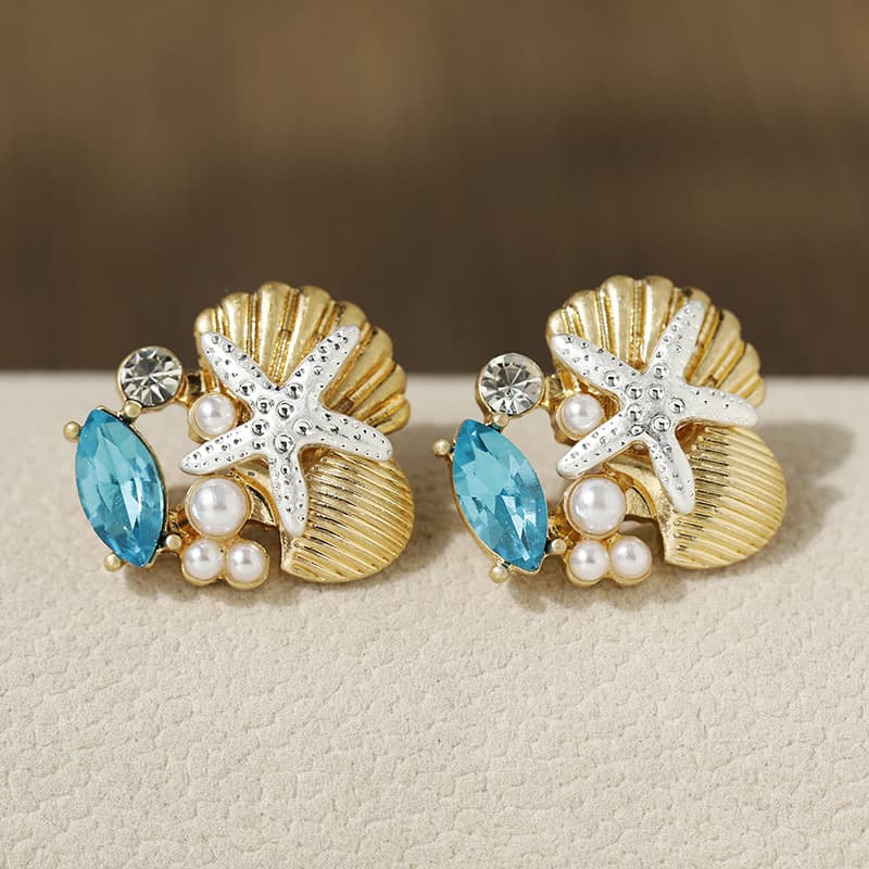 The new versatile glass gemstone starfish earrings shell pearl ocean treasure earrings are suitable for daily wear by women. 8