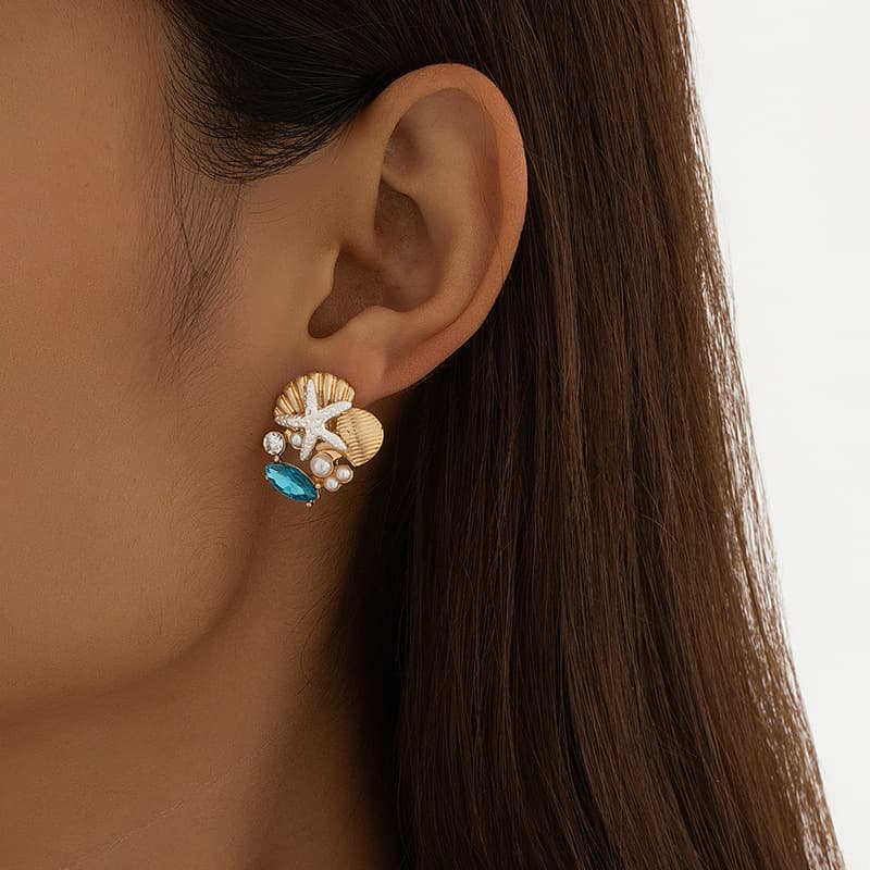The new versatile glass gemstone starfish earrings shell pearl ocean treasure earrings are suitable for daily wear by women. 1