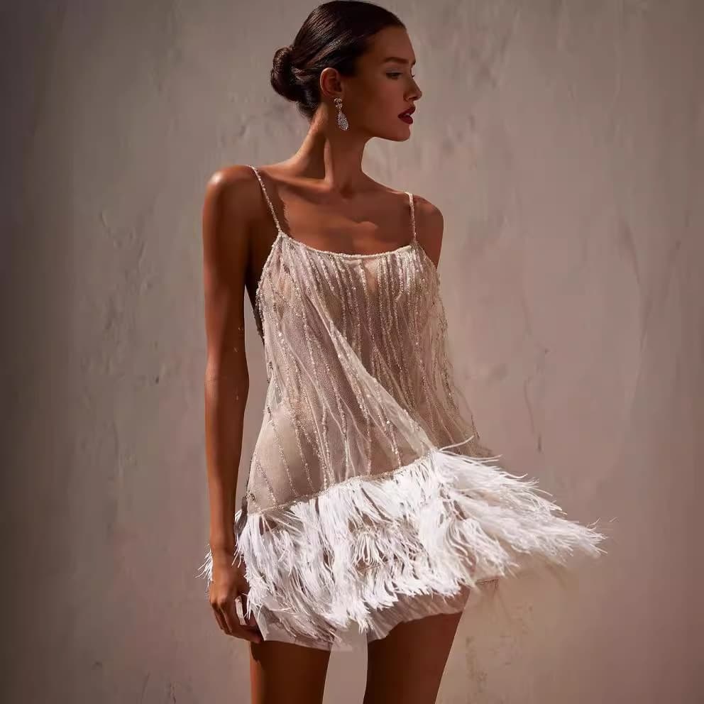 New cross-border European and American style party dress sexy backless skirt layered tassel mesh feather sequin suspender skirt 2