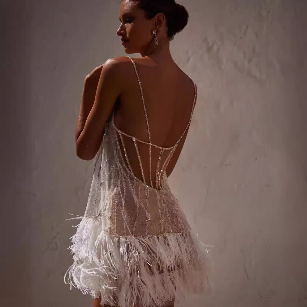New cross-border European and American style party dress sexy backless skirt layered tassel mesh feather sequin suspender skirt 5