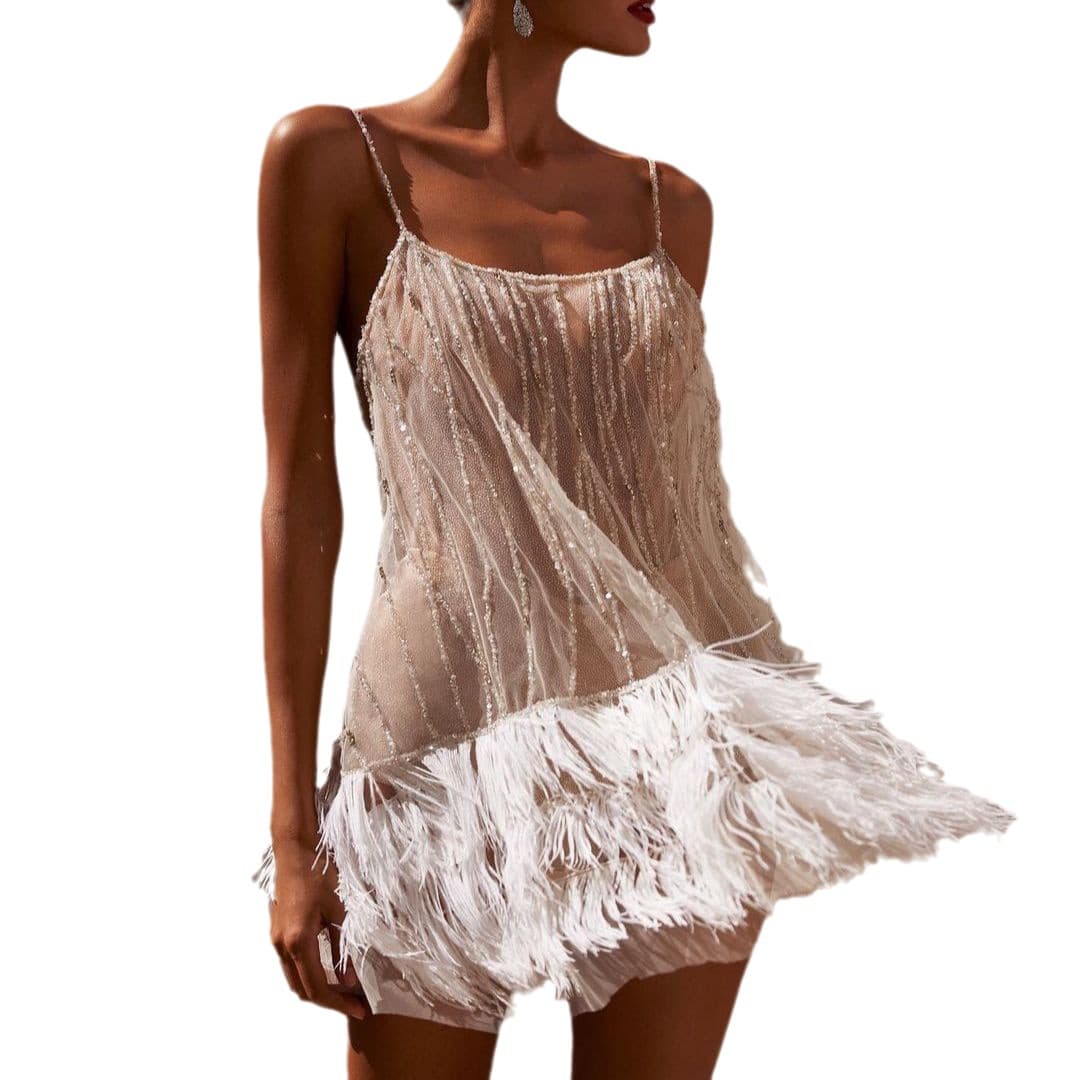 New cross-border European and American style party dress sexy backless skirt layered tassel mesh feather sequin suspender skirt 6