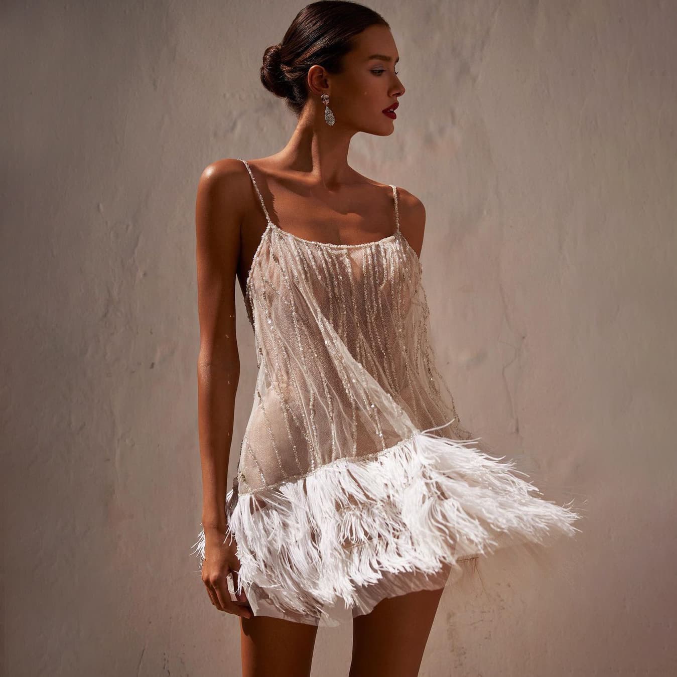 New cross-border European and American style party dress sexy backless skirt layered tassel mesh feather sequin suspender skirt 7