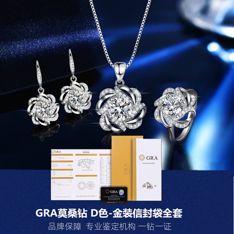 Cross-border s925 sterling silver ring pendant necklace earrings jewelry moissanite one carat flower three-piece jewelry set 1