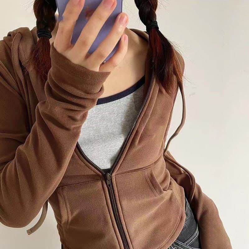 DeRong Hot Girl Style Hooded Cardigan Sweater Jacket Women's Spring and Autumn Slim Waist Slim Long Sleeve Short Top Trendy 2