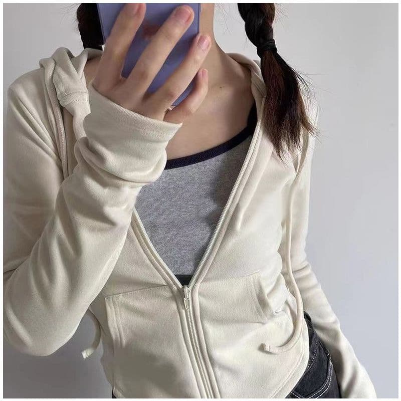 DeRong Hot Girl Style Hooded Cardigan Sweater Jacket Women's Spring and Autumn Slim Waist Slim Long Sleeve Short Top Trendy 3