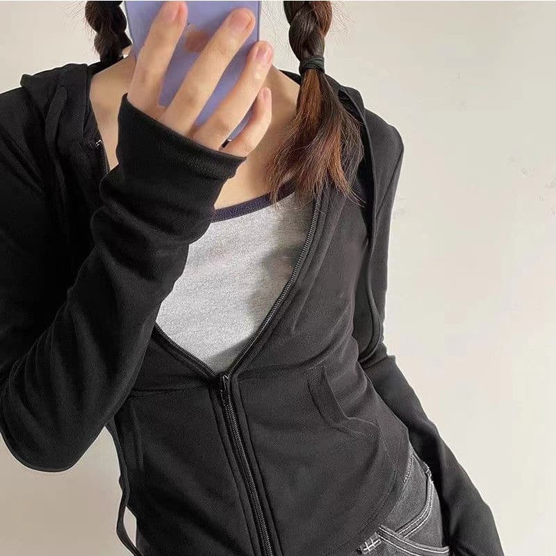 DeRong Hot Girl Style Hooded Cardigan Sweater Jacket Women's Spring and Autumn Slim Waist Slim Long Sleeve Short Top Trendy 5