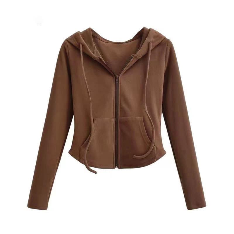 DeRong Hot Girl Style Hooded Cardigan Sweater Jacket Women's Spring and Autumn Slim Waist Slim Long Sleeve Short Top Trendy 7