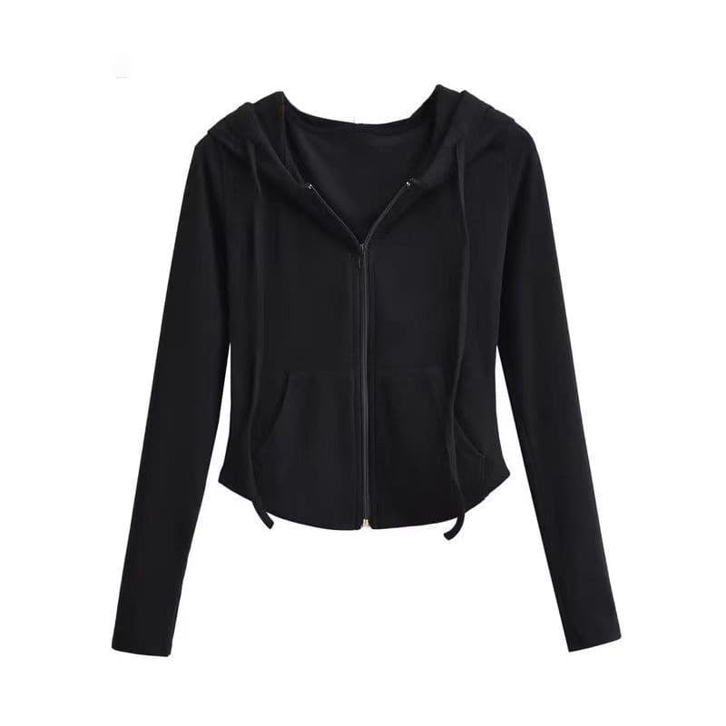 DeRong Hot Girl Style Hooded Cardigan Sweater Jacket Women's Spring and Autumn Slim Waist Slim Long Sleeve Short Top Trendy 10
