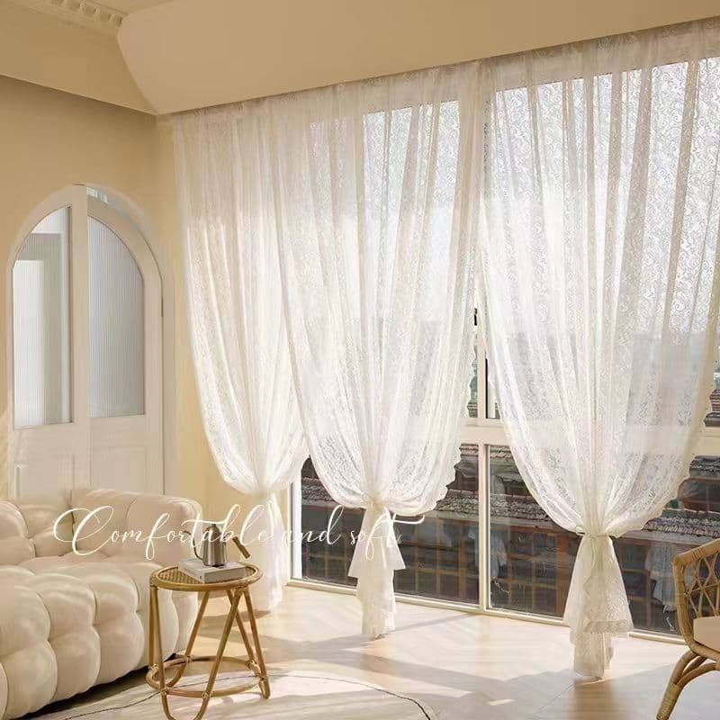 French pastoral lace gauze girly princess style kitchen partition window curtain gauze curtain white punch-free Velcro curtain 2