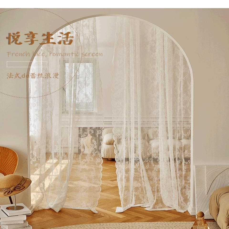 French pastoral lace gauze girly princess style kitchen partition window curtain gauze curtain white punch-free Velcro curtain 5