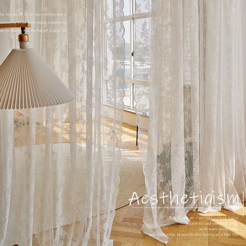French pastoral lace gauze girly princess style kitchen partition window curtain gauze curtain white punch-free Velcro curtain 6