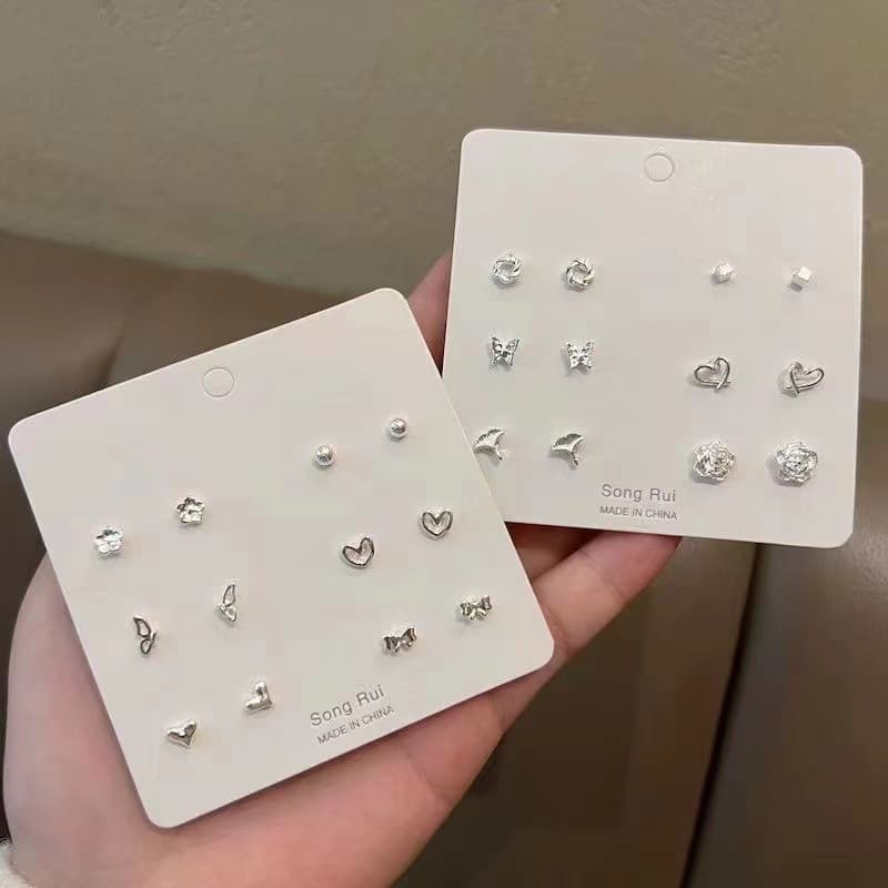 925 silver plated earrings for pierced ears, exquisite and simple 6 pairs set, versatile, small and cute earrings, non-duplicate earrings for women