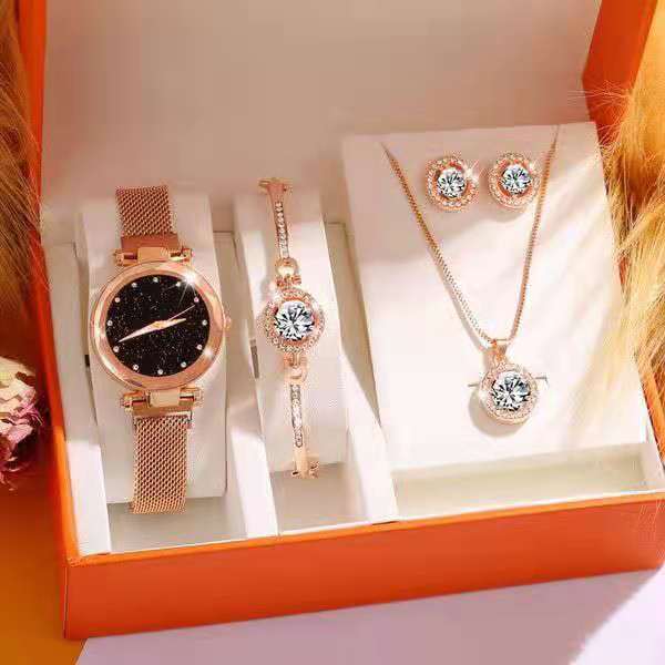 Factory direct sales foreign trade popular luxury set box versatile large rhinestone women's five-piece gift box quartz watch 1