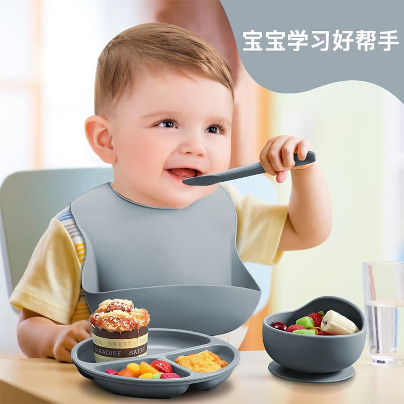 Cross-border food grade silicone children's feeding tableware set bib spoon fork meal bowl infant food supplement mother and baby supplies 3