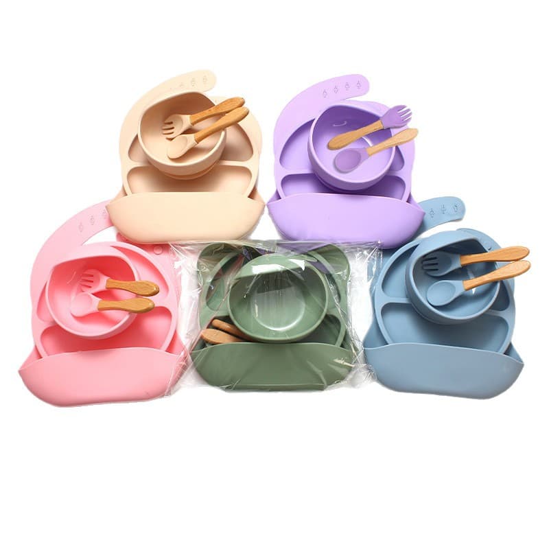 Cross-border food grade silicone children's feeding tableware set bib spoon fork meal bowl infant food supplement mother and baby supplies 6