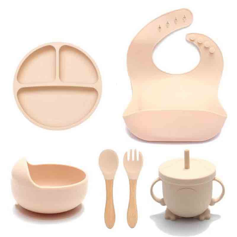 Cross-border food grade silicone children's feeding tableware set bib spoon fork meal bowl infant food supplement mother and baby supplies 8