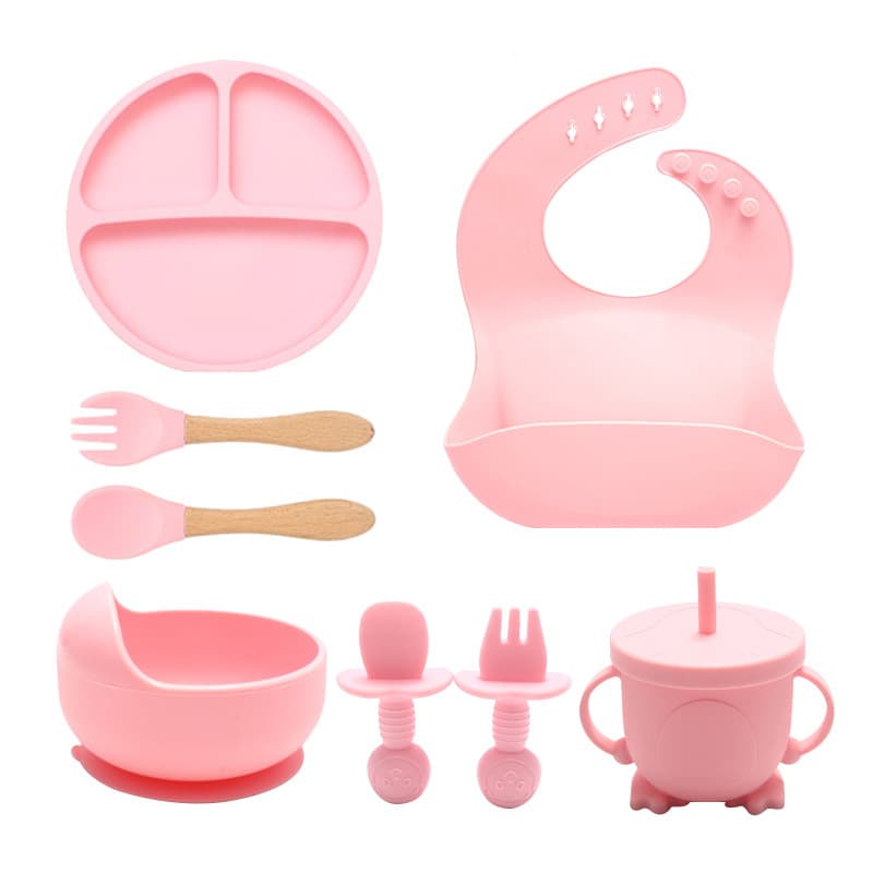 Cross-border food grade silicone children's feeding tableware set bib spoon fork meal bowl infant food supplement mother and baby supplies 9
