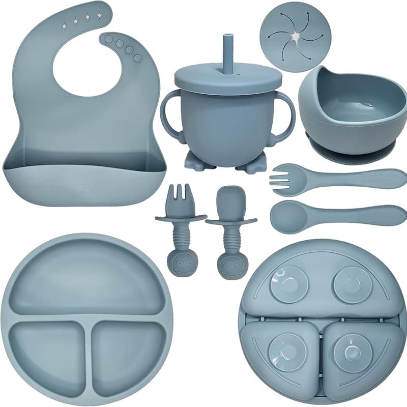 Cross-border food grade silicone children's feeding tableware set bib spoon fork meal bowl infant food supplement mother and baby supplies 1