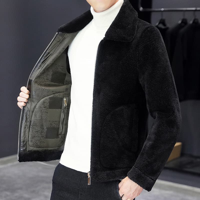 Reversible jacket men's winter lapel grain velvet thermal top fur integrated high-end casual jacket 3