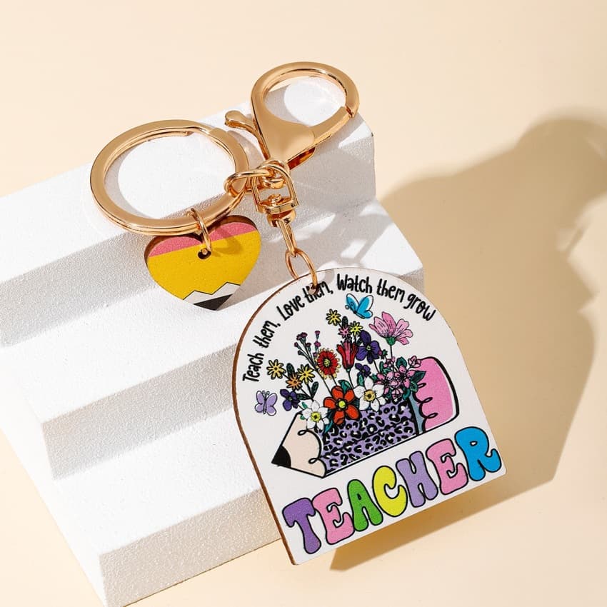 Cross-border best-selling teacher's day TEACHER fashionable rainbow wooden sign tassel keychain creative pendant 4