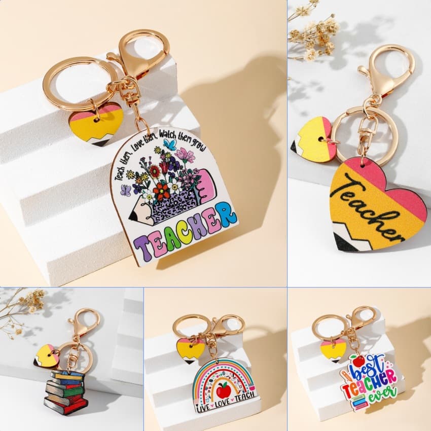 Cross-border best-selling teacher's day TEACHER fashionable rainbow wooden sign tassel keychain creative pendant 1