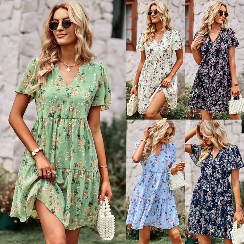 Independently developed and designed European station Amazon temperament country fashion dress 2025 spring and autumn V-neck printed skirt 1