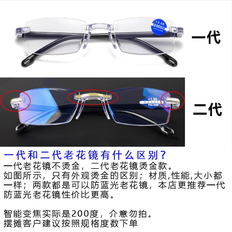 Wholesale smart zoom anti-blue light frameless edge-cut reading glasses running street stalls reading glasses simple reading glasses 5