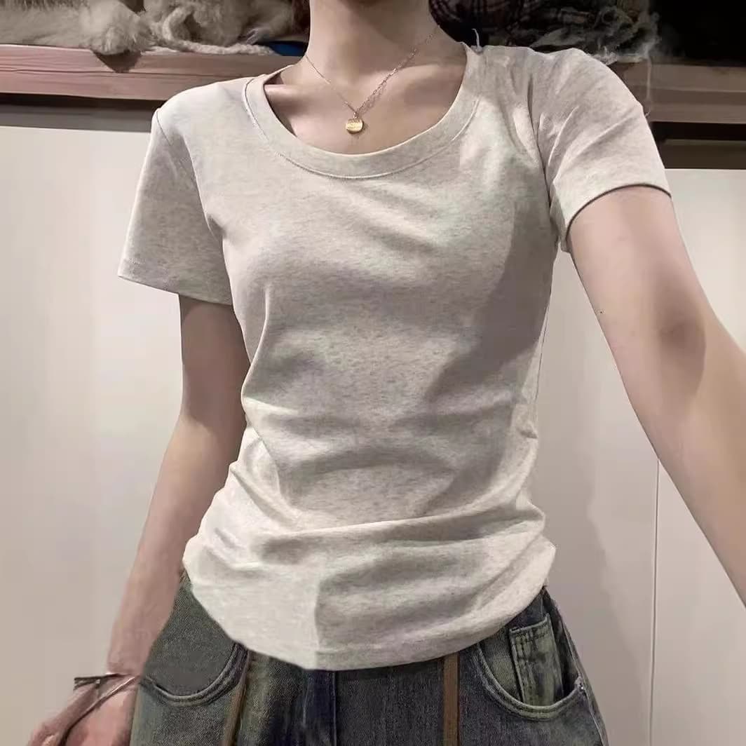 American pure cotton hottie slim-fitting short-sleeved inner wear 2026 new round neck right shoulder Hong Kong style top design T-shirt for women 1